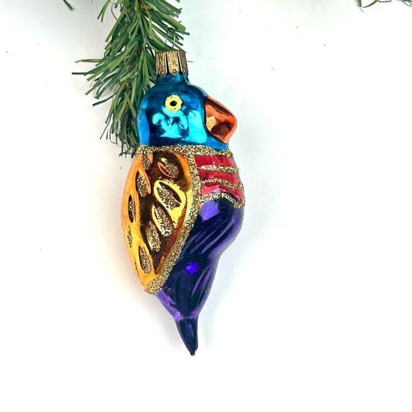 Colorful Parrot Blown Glass Christmas Ornament Czech Republic - Picture 1 of 9